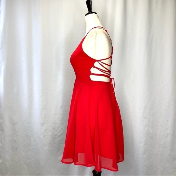 Lulu’s bright red chiffon lace-up back fit and flare mini dress S - Picture 8 of 11